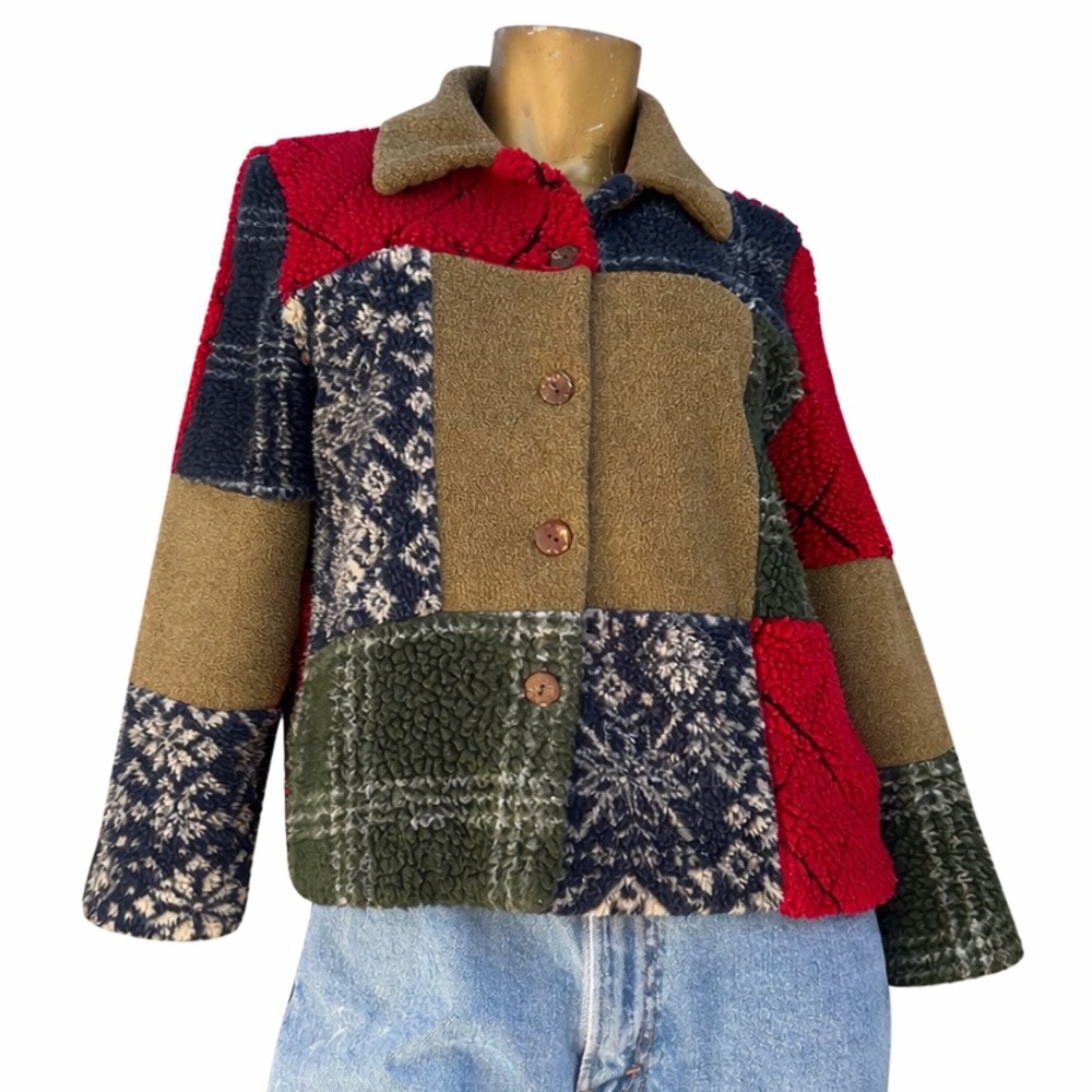 Vintage Robert Scott petites polyester faux sherpa fleece patchwork jacket PS